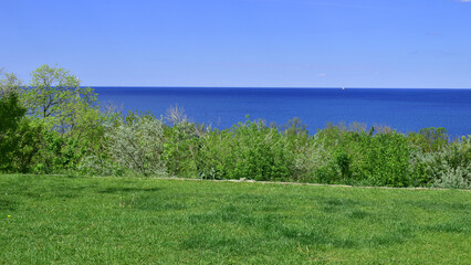 seascape overlooking the blue sea, bright sunny day. green grass on the coastline, leisure concept,...