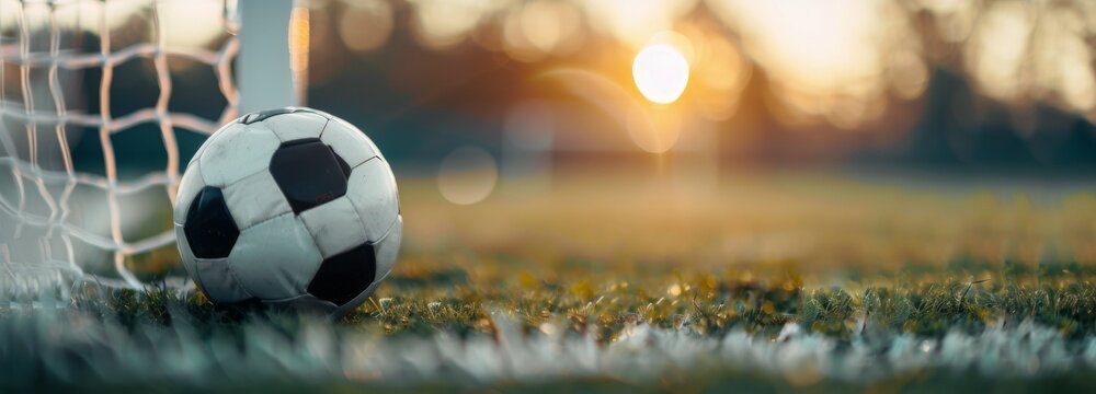 Soccer Ball Near Goal Net at Sunset During Outdoor Match