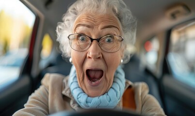 Elderly Funny Cute Woman Holding Steering Wheel with a Surprised Face