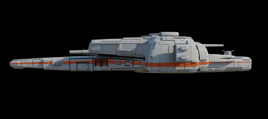 Spaceship Missile Launch Craft with White and Orange Colour Scheme Isolated on a Black Background - Viewed from the Side, 3d digitally rendered science fiction illustration