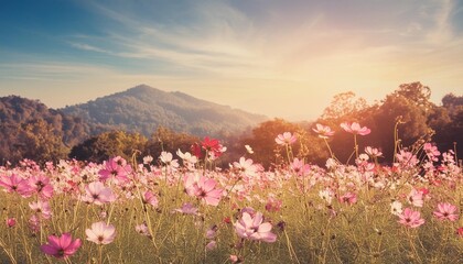 Fototapeta premium vintage landscape nature background of beautiful cosmos flower field on sky with sunlight in spring vintage color tone filter effect