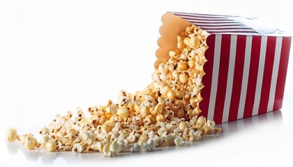 a red and white striped bag of popcorn is opened and the popcorn is spilling out