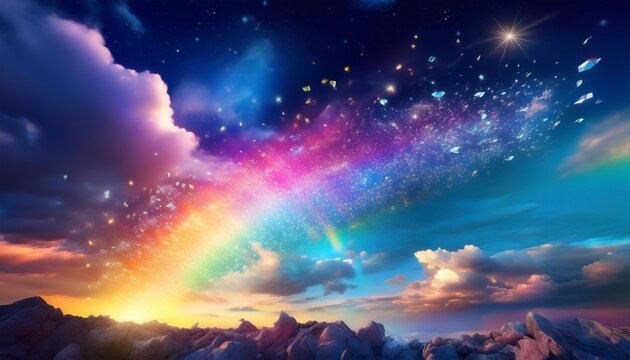 it was as if a million tiny crystals had been broken and released into the sky each one pulsating with a unique hue and contributing to the sparkling rainbow particles dancing above