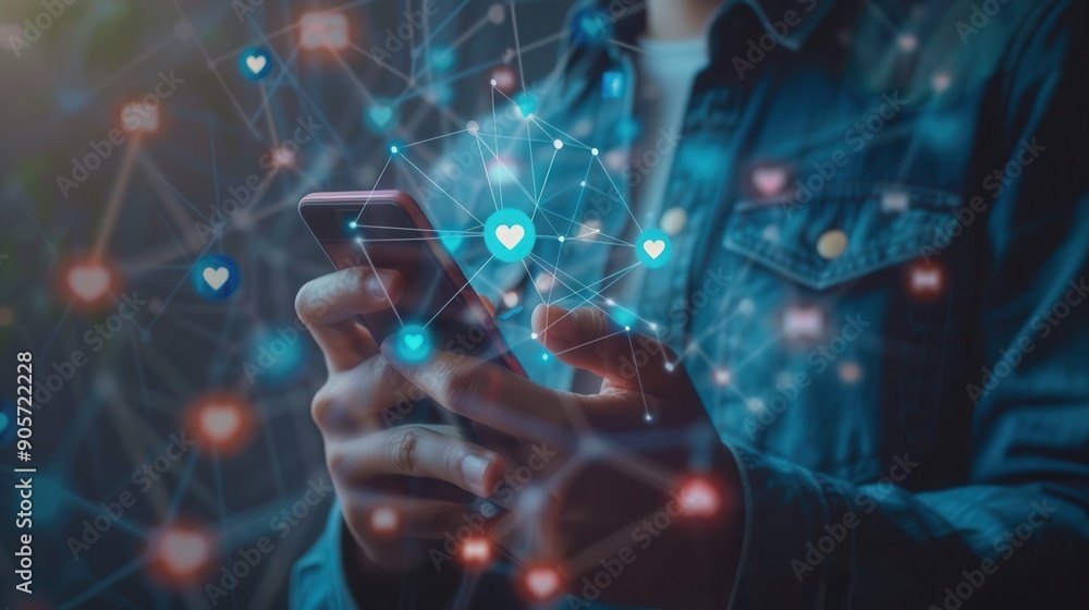 Poster A man interacts with his smartphone, surrounded by various social media icons representing likes and connections, capturing the essence of modern digital communication. Generative AI