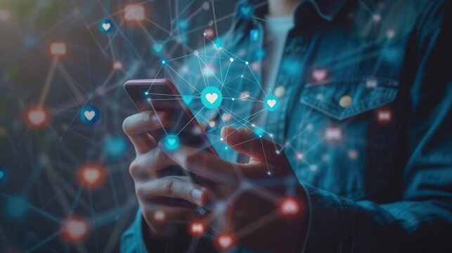 A man interacts with his smartphone, surrounded by various social media icons representing likes and connections, capturing the essence of modern digital communication. Generative AI