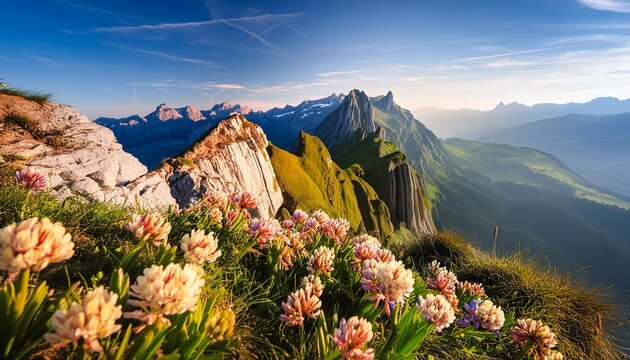 wild flowers on top of schafler with the rocky peak santis in the background appenzell innerrhoden