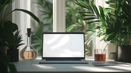 Fototapeta premium Front view home office desk setup. Blank screen laptop, glasses, decanter, and glass of water on white table. Soft sunlight glare and shadows. Copy space