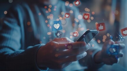 A man interacts with his smartphone, surrounded by floating social media like icons, highlighting the impact of digital communication. Generative AI