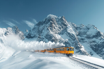 yellow train emitting smoke descends a snowy mountain