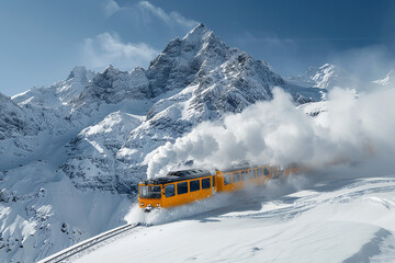 yellow train emitting smoke descends a snowy mountain