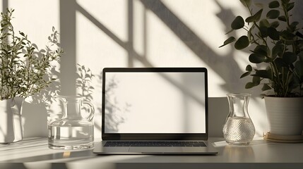 Front view of a home office workspace. Laptop with blank screen, glasses, water decanter, and glass on a white table. Subtle sunlight and shadow play. Copy space