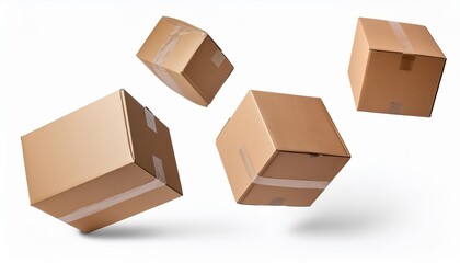 closed and taped cardboard parcel boxes falling on transparent background with shadow