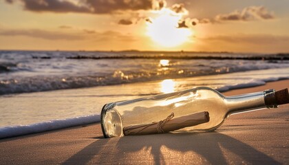 message in a bottle at sunset