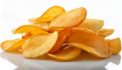 golden fried potato chips on a clear white background with sharp focus
