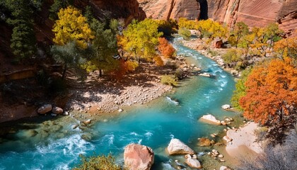 gorgeous blue water and fall colors above big springs in the narrows top down trail zion national park utah