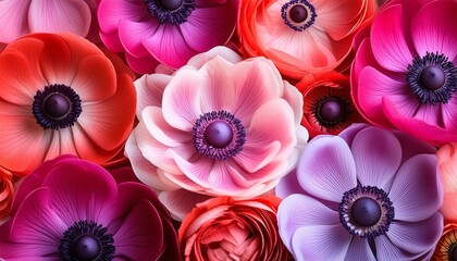 closeup macro background of red pink and purple anemone flowers