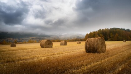 Fototapeta premium cloudy and dreary autumn scenery in a field with hay stacks