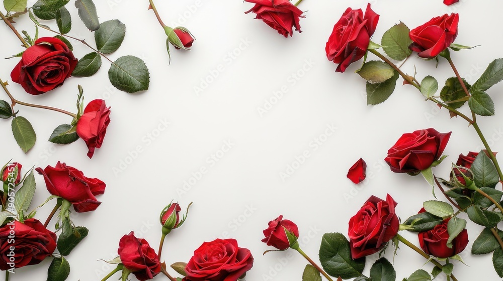 Poster red roses frame on white background flat lay view with space for text