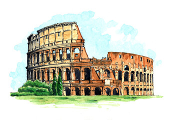 Hand drawn ink and watercolor sketch Colloseum	
