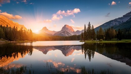 sunset in the mountains at a calm lake reflecting the peaks