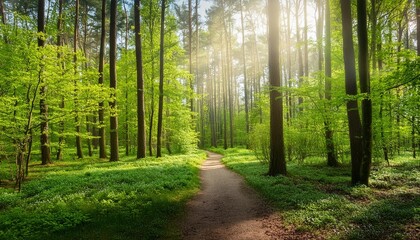 Fototapeta premium green forest and path in spring at sunlight poland