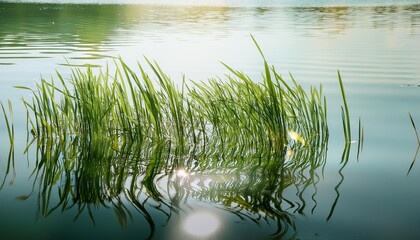 Fototapeta premium moving water surface with reeds reflected in the water