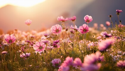 Fototapeta premium field of pink flowers blooming in the sunlight