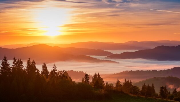 misty sunrise landscape from luban peak in gorce mountains poland