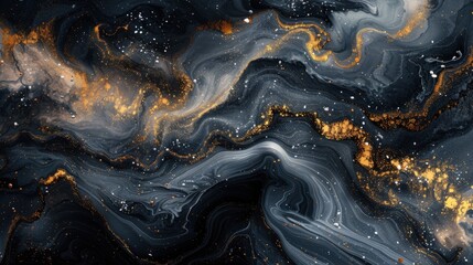 Obraz premium An elegant and contemporary abstract background with gold and black marble textures, highlighting fluid watercolor effects, white ink splashes, and modern brush strokes