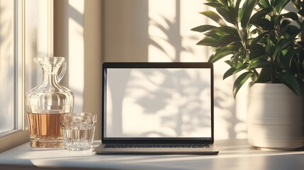 Front view home office setup. Laptop with blank screen, glasses, water decanter, and glass on white table. Natural sunlight glare and shadows. Copy space