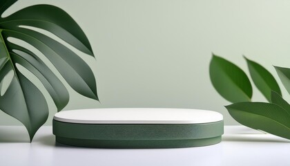 front view podium design for product display or product stand with leaf ornaments and minimalist background