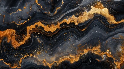 A high-resolution image of a gold and black marble abstract pattern, showcasing fluid ink textures, watercolor splashes, and elegant white highlights on a sleek modern background