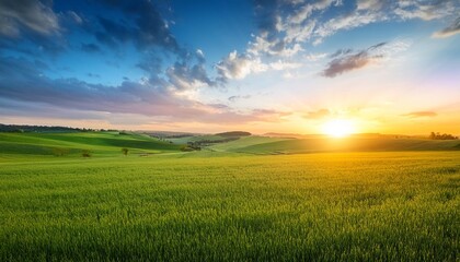 dramatic landscape green endless fields and bright blue sky at sunset illustration created using generative ai tools