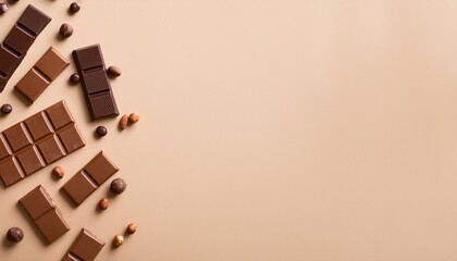 mix of chocolate bars on beige background with copy space top view