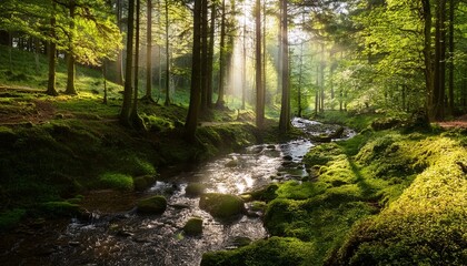 Fototapeta premium a sun dappled forest glen with a babbling brook winding through
