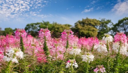 Obraz premium pink and white spider flower agent blue sky