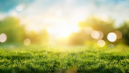 natural grass field background with blurred bokeh and sun