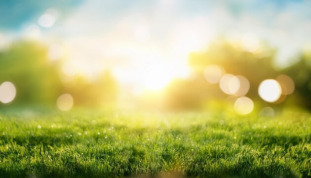 natural grass field background with blurred bokeh and sun