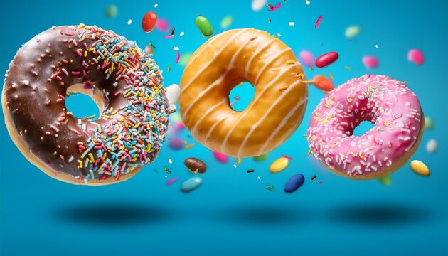 flying donuts mix of multicolored doughnuts with sprinkel on blue background