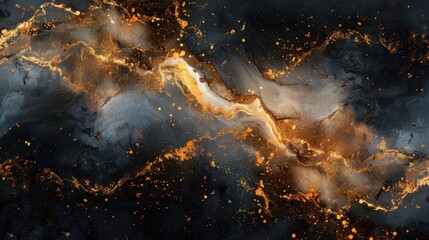 A striking abstract gold marble design on a black background, featuring fluid watercolor textures, modern brush strokes, and white ink splashes, creating an elegant and high-end effect