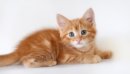 Obraz premium a small red kitten lies on a light background