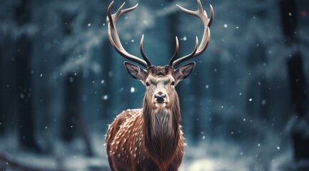 Noble deer male in winter snow forest. Artistic winter christmas landscape