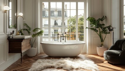 3D Rendering of a Modern Bathroom with Elegant Fixtures and City Views

