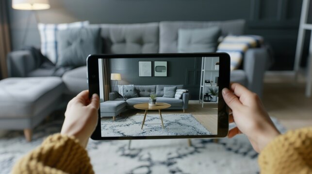 A young couple uses an augmented reality app on their tablet to choose 3D furniture for their apartment, selecting a sofa, table, and lighting for the living room.