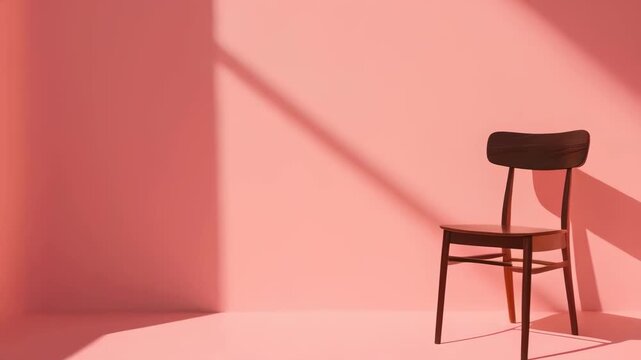 A solitary wooden chair with a curved backrest sits in a pink room, under strong sunlight creating distinct shadows. The minimalistic scene evokes a calm and contemplative mood, with a modern