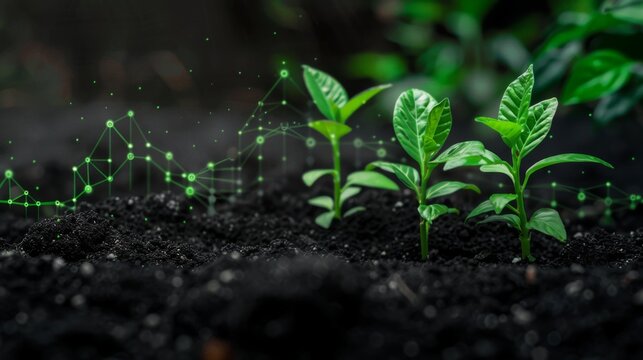 Green business growth, success, and profit are depicted with plants on a black background with a chart, highlighting eco and environmental development. 
