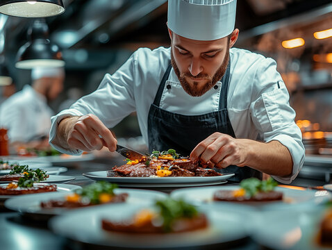 Skilled chef preparing gourmet dishes in a high-end restaurant kitchen at night