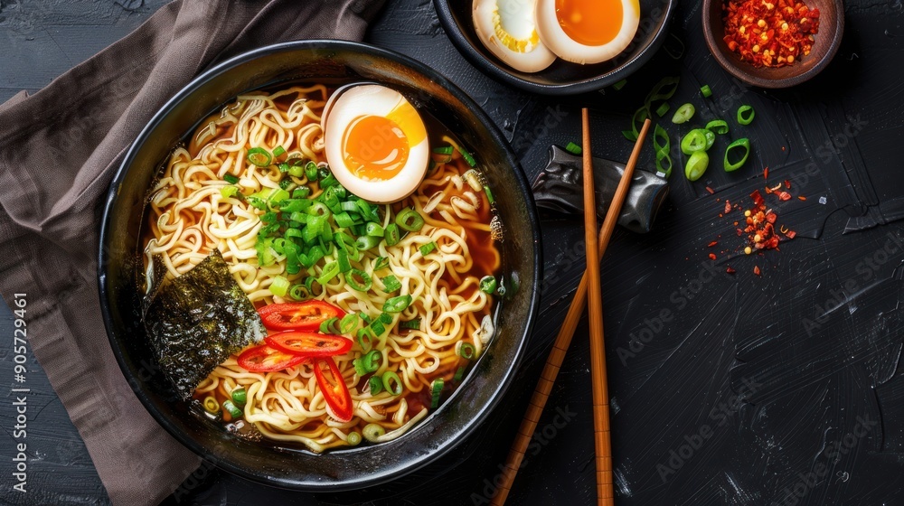 Sticker ramen noodles with soft boiled egg, green onion, and chili peppers