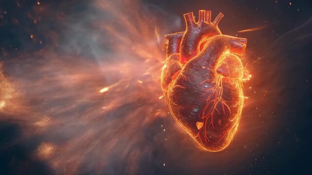 A digital representation of a human heart illuminated with fiery colors and pulsating electrical impulses, set against a dark, nebulous background, capturing the essence of cardiovascular energy.