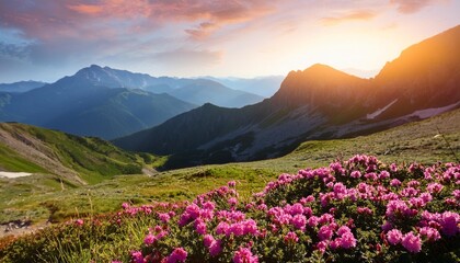 breathtaking mountain landscape blooming with pink flowers